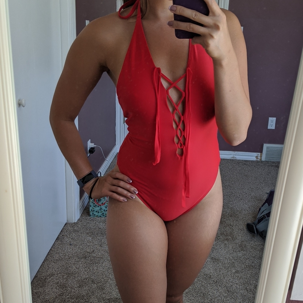 Aerie Red one piece swimsuit - high cut leg